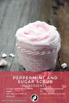 peppermint and sugar scrub ingredients in a jar on a wooden table with text overlay