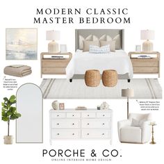 a bedroom with white furniture and accessories in neutral colors, including a bed, dresser, mirror