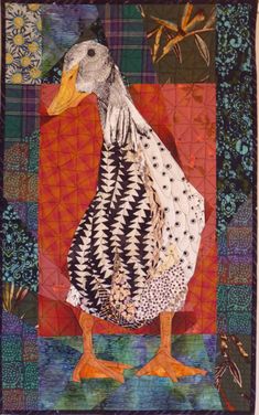 a painting of a duck on a patchwork background