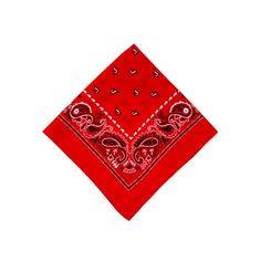 a red bandanna with paisley designs on it, against a white background and in the center is a square shape