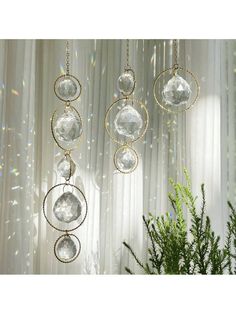 three crystal balls hanging from the ceiling next to a plant in front of a curtain