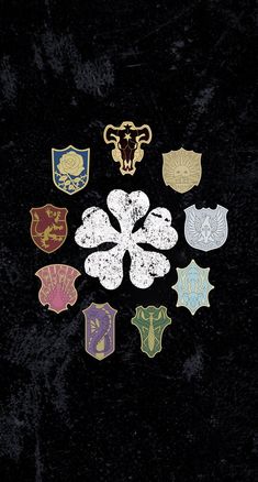 six different colored badges on a black background