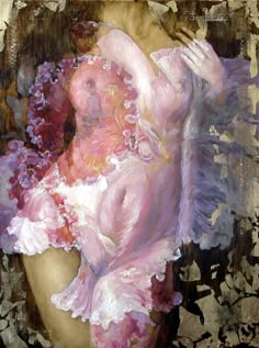 a painting of a woman with flowers on her chest and hands in the air,