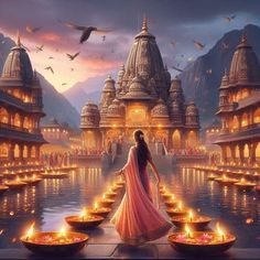 a woman standing in front of a lake surrounded by lit candles with birds flying around