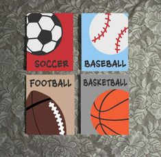 three different sports themed cards on a lace tablecloth with the words soccer, football and basketball