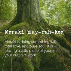 a tree with moss growing on it in the middle of a forest that says merak may - rah - kee