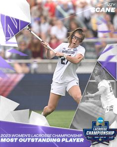 a women's lacrosse player holding a stick in front of a crowd with purple and white graphics