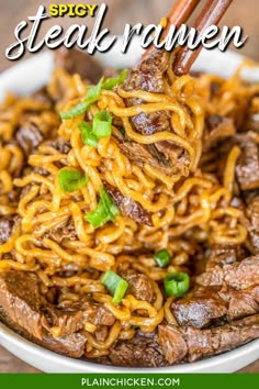 beef and noodles in a bowl with chopsticks sticking out of the meat to eat