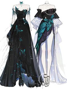 two dresses are shown on display in front of each other, one is black and the other is blue