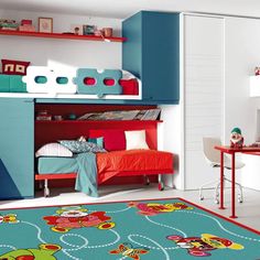 a child's bedroom with blue and red decor