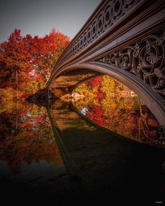 a bridge over a body of water surrounded by trees with fall colors in the background