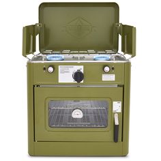 a green stove with two burners and one door open