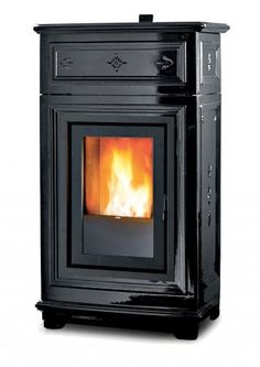 a black stove with flames in it