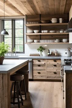 a kitchen with wooden cabinets and counter tops, an island in the middle has two stools next to it