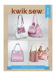 the kwik sew bag pattern is shown in three different colors and sizes, including pink