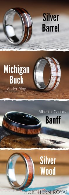 three different types of wedding bands with names on them and the words silver barrel, michigan buck, antler ring, banff, silver wood