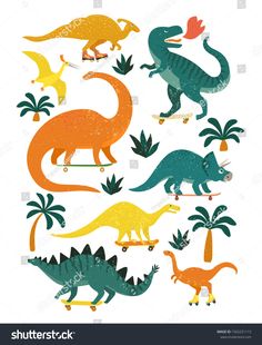 an assortment of dinosaurs riding skateboards and palm trees on a white backgroud