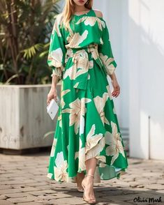 OliviaMark - Exquisite Lantern-Sleed Printed Dress (Robe imprimée à manches lanternes) Mode Prints, Balloon Sleeve Dress, Korean Fashion Casual, Lantern Sleeve Dress, Dress Sleeve Styles, Neue Outfits, Flower Print Dress, High Waist Dress, Floral Print Maxi Dress