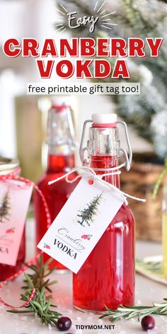 pretty bottles filled with Cranberry Vodka Infusion Diy Infused Vodka Holiday Gifts, Diy Infused Vodka, Infused Vodka Recipes Christmas, Christmas Infused Alcohol, Cranberry Infused Vodka Homemade, Homemade Infused Vodka, Diy Flavored Vodka, Christmas Infused Vodka, Homemade Liquor Gifts