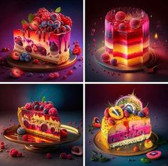 four different images of a cake with fruit on top and berries on the bottom, including raspberries