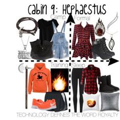 a collage of different outfits and accessories with text that reads cabin 1 hephaestus