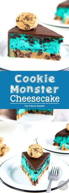 a slice of cookie monster cheesecake on a plate