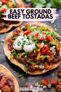 an easy ground beef tostadas recipe with sour cream and fresh herbs on top