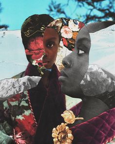 two black women with flowers on their heads are looking at each other in front of snow covered mountains