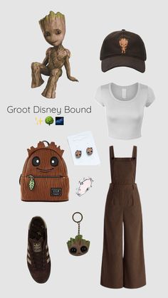 a group of items including a hat, bag and shoes are arranged in the shape of groot