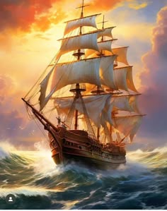 a painting of a sailing ship in the ocean