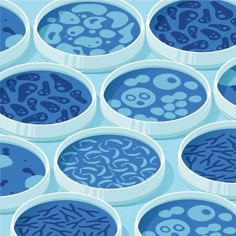 many bowls filled with blue liquid on top of a table covered in bubbles and circles