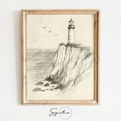 a black and white drawing of a lighthouse on a cliff with seagulls flying over it