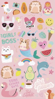 the girl power sticker sheet is pink with various cartoon animals and fruits on it