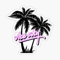 a palm tree with the words vice earth in pink and black on white sticker