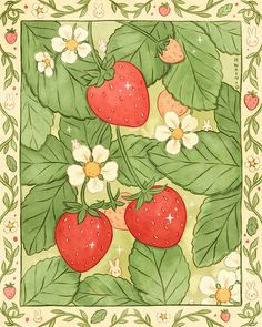 a painting of strawberries and flowers with leaves