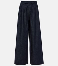 Nolan high-rise wide-leg jeans in blue - The Frankie Shop | Mytheresa Elegant Mid-rise Cotton Flare Jeans, Classic High Waist Wide Leg Pants With Five Pockets, Chic Dark Wash Wide Leg Jeans, Elegant Wide Leg Jeans With Five Pockets, Elegant Wide-leg Jeans With Five Pockets, Relaxed Fit Wide-leg Jeans With Button Closure, Denim Blue Wide Leg Pants With Button Zip Fly, Cotton Wide Leg Flare Jeans With Belt Loops, Chic Full-length Cotton Flare Jeans