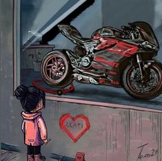 a drawing of a girl looking at a motorcycle