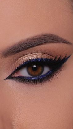 Blue And Gold Eye Makeup Tutorial, Make Up To Make Blue Eyes Pop, Eye Makeup On Blue Eyes, Blue Dress Makeup Ideas For Brown Eyes, Makeup For Navy Blue Dress Wedding, Eye Make Up Over 50, New Years Eve Eyeshadow, Gold Blue Makeup