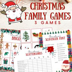 christmas family games with santa claus on the top and other holiday activities in the bottom