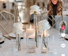 a table topped with vases filled with white flowers and candles next to a photo