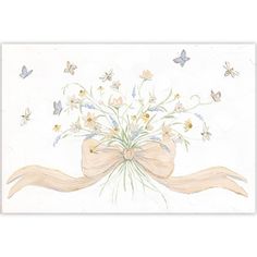 a painting of flowers and butterflies on a white background with a ribbon in the foreground