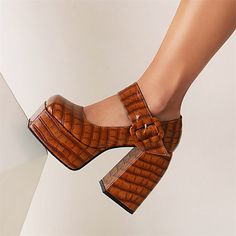 Shop Brown Chunky Platform Mary Janes Croc Prints Buckle Heels For Women color Brown for Big Day, Hanging out, Party with worldwide Free shipping & Free return. Brown Leather Heels With Crocodile Pattern, Buckle Heels, Platform Shoes Heels, Women Platform Shoes, Platform Mary Janes, Heels For Women, Platform Stilettos, Womens Summer Shoes, Super High Heels