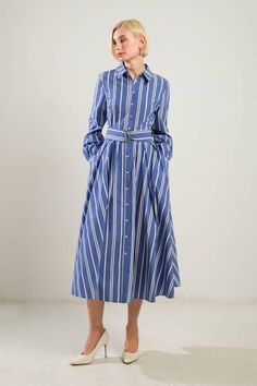 Long sleeves, striped, midi shirt dress with self belt. Available in blue/white/gold. 65% Cotton, 32% Nylon, 3% Spandex US Size (Bust - Waist - Hips) Small 2-4 (34 - 26 -36) Medium 6 (36 - 28 -38) Large 8-10 (38 - 30 -40) Outerwear Trends, Dress Belt, Dress Inspiration, Midi Shirt Dress, Vintage Inspired Design, Sweatshirt Dress, Dress Romper, Stripes Design, Striped Shirt