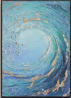 an abstract painting with blue and gold colors