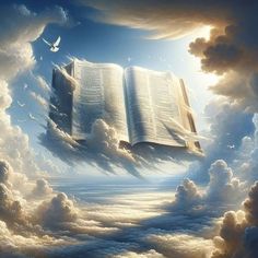 an open book floating in the sky above clouds