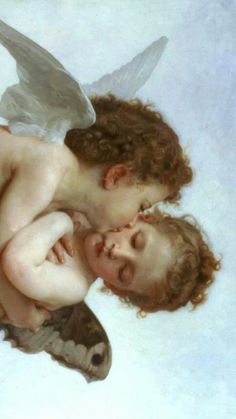 a painting of two cherubs with one holding the other's head and wings