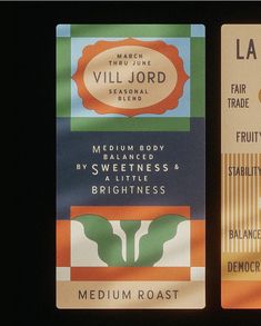 three different types of business cards on a black background with the words vill jord and fair trade