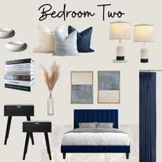 the bedroom is decorated in blue and white with books on the wall, pillows, lamps, and bed linens