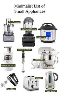 many different types of appliances are shown in this graphic above the words, minimilist list of small appliances