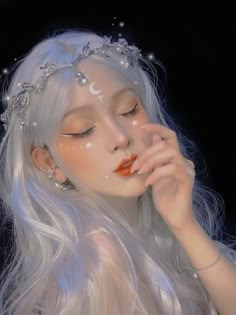 Elf Aesthetic Makeup, Angelcore Makeup, Fairy Girl, Crystal Headband, Digital Art Girl, Creative Makeup, Cute Makeup, Aesthetic Makeup, White Hair